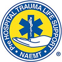 Pre Hospital Trauma Life Support NAEMT | Blue circle with an outheld hand holding a medical staff