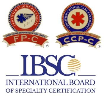 International Board of Specialty Certification logo with Flight Paramedic Certification and Critical Care Paramedic Certification logos